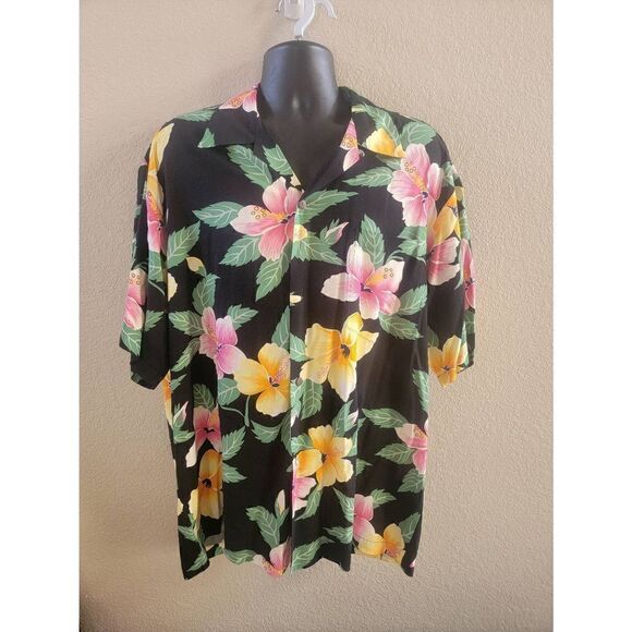 Pineapple Juice Men's Hibiscus Print Button-Up Hawaiian Classic Shirt Black XL - Picture 1 of 5